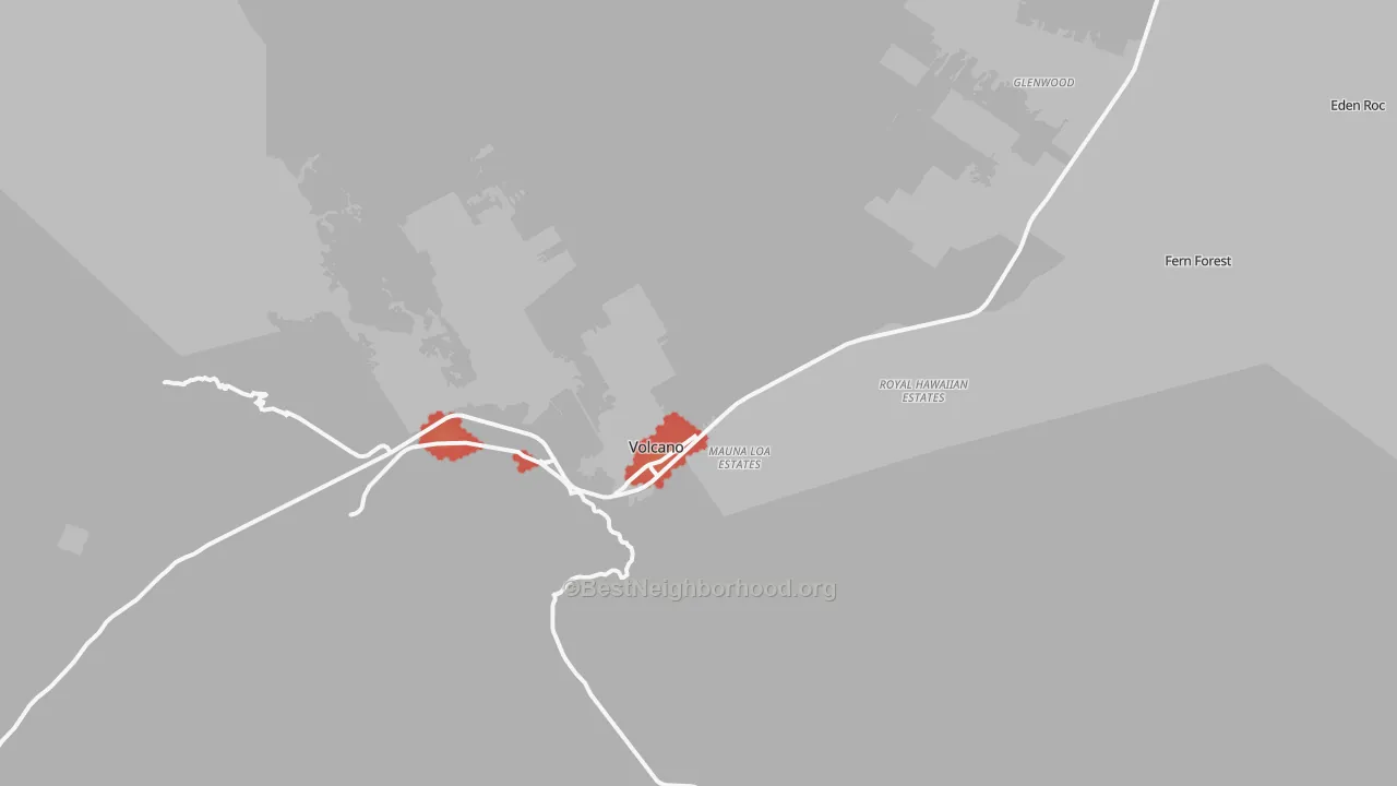 Walk Grade map of Volcano, HI, walkable areas in green and car-dependent areas in red
