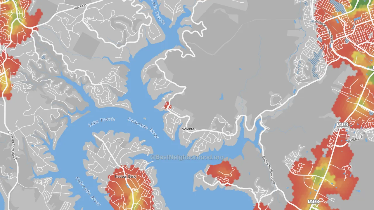 Walk Grade map of Volente, TX, walkable areas in green and car-dependent areas in red