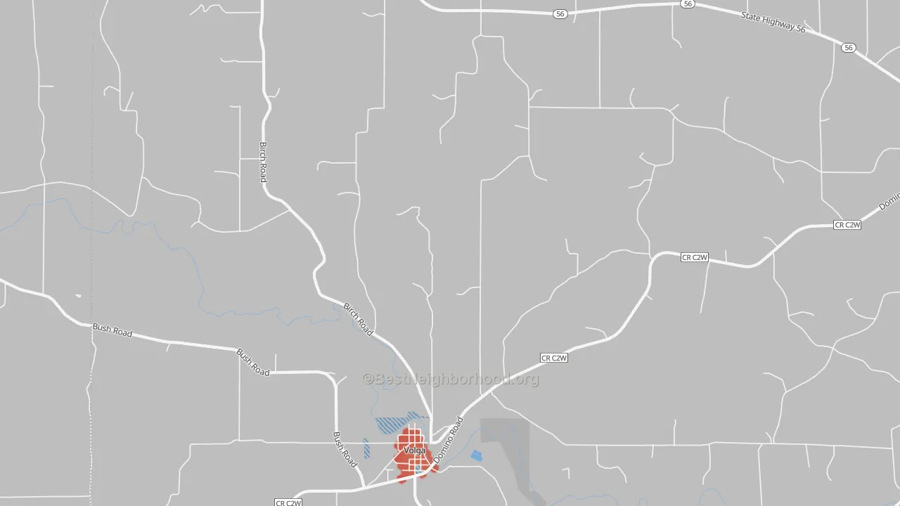 Walk Grade map of Volga, IA, walkable areas in green and car-dependent areas in red