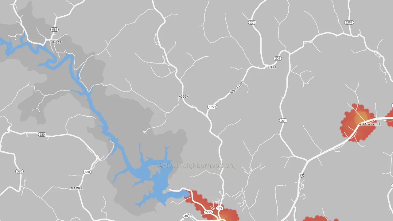 Walk Grade map of Volga, KY, walkable areas in green and car-dependent areas in red