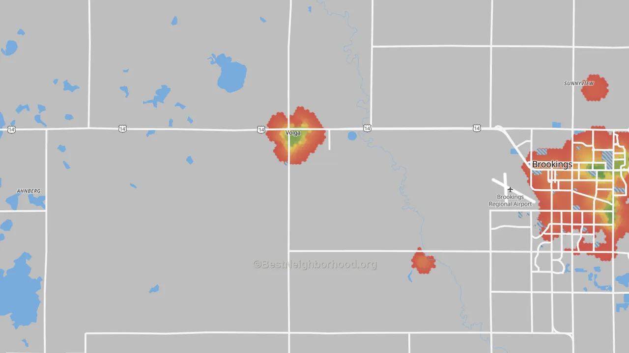 Walk Grade map of Volga, SD, walkable areas in green and car-dependent areas in red