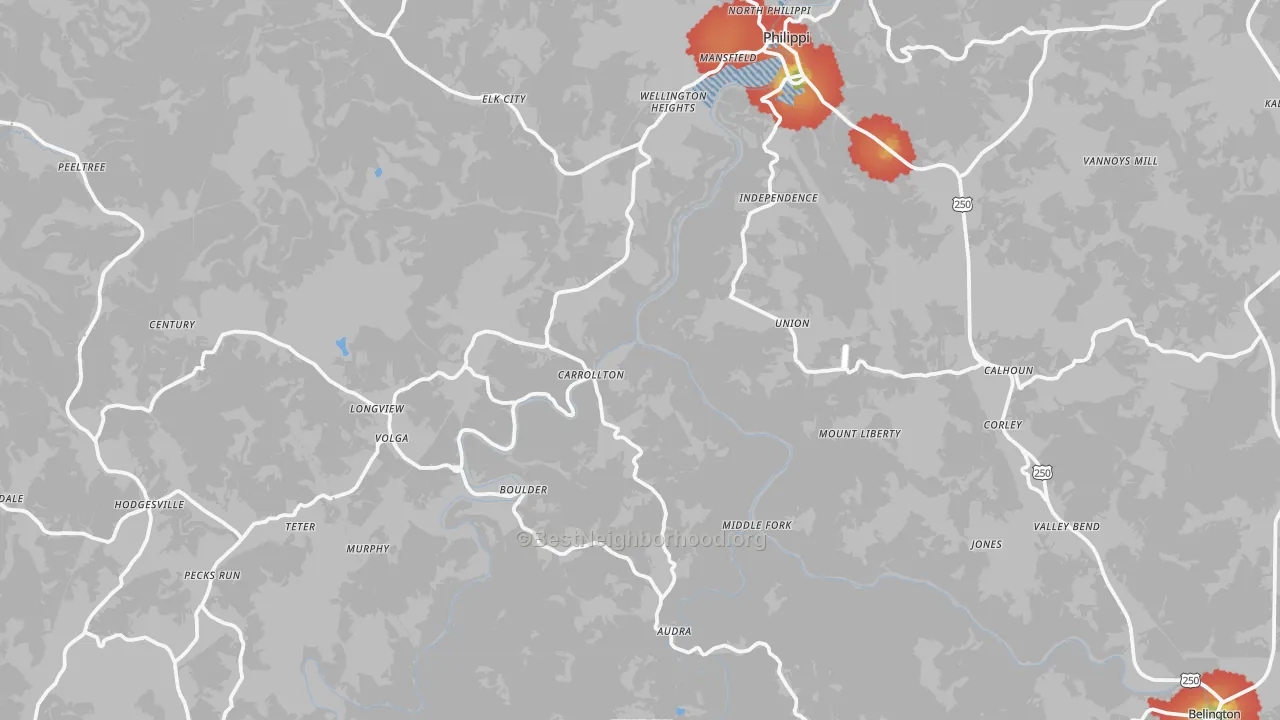 Walk Grade map of Volga, WV, walkable areas in green and car-dependent areas in red