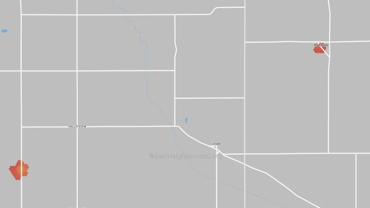 Walk Grade map of Volin, SD, walkable areas in green and car-dependent areas in red