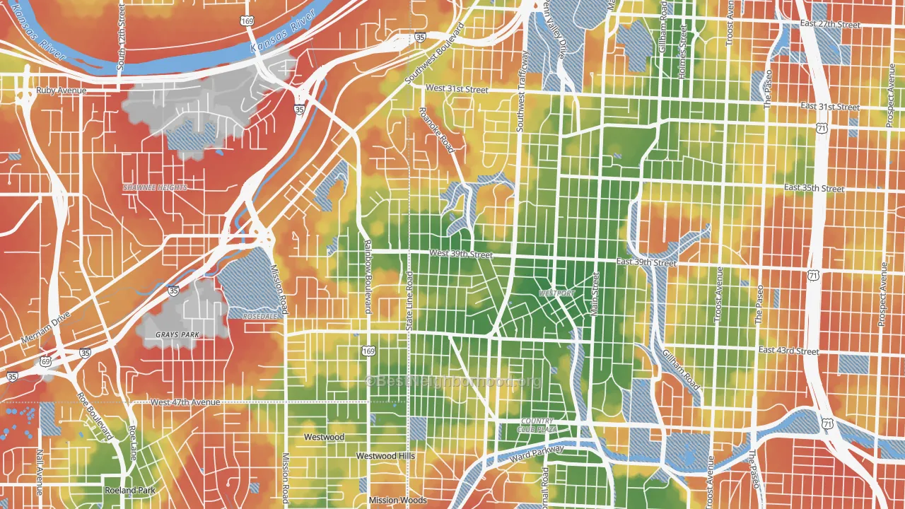Walk Grade map of Volker, Kansas City, MO, walkable areas in green and car-dependent areas in red