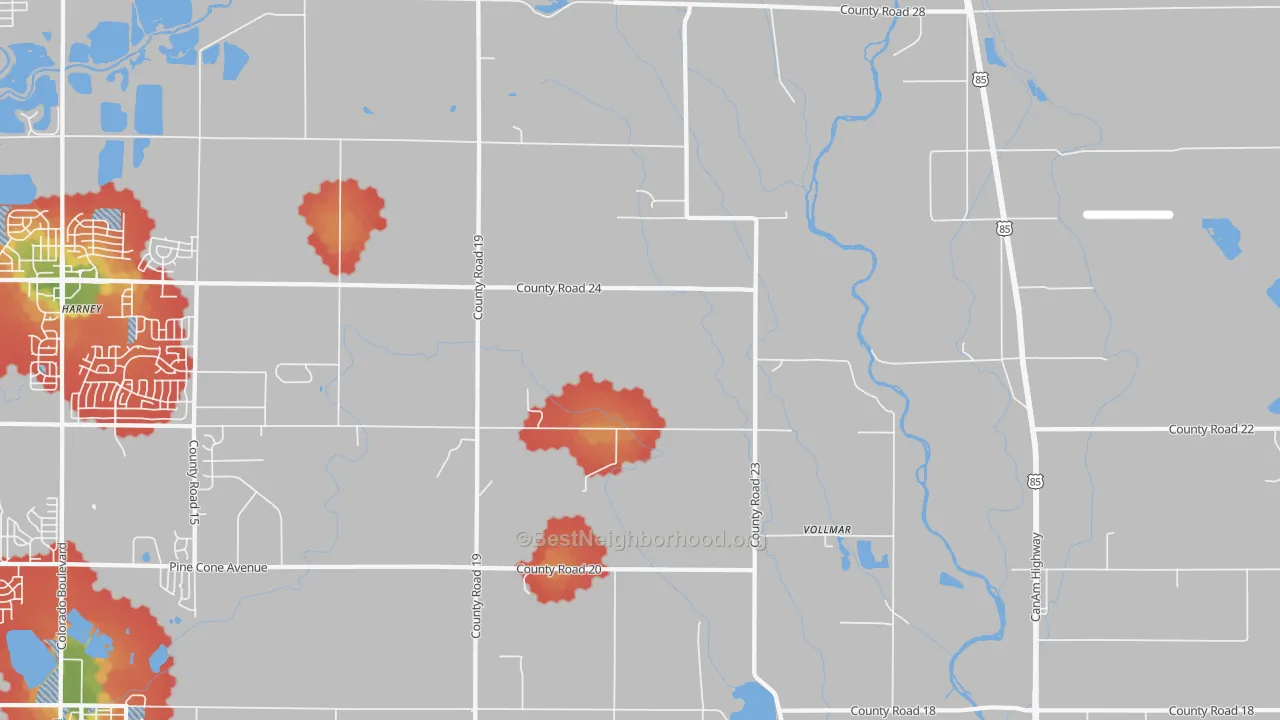 Walk Grade map of Vollmar, CO, walkable areas in green and car-dependent areas in red