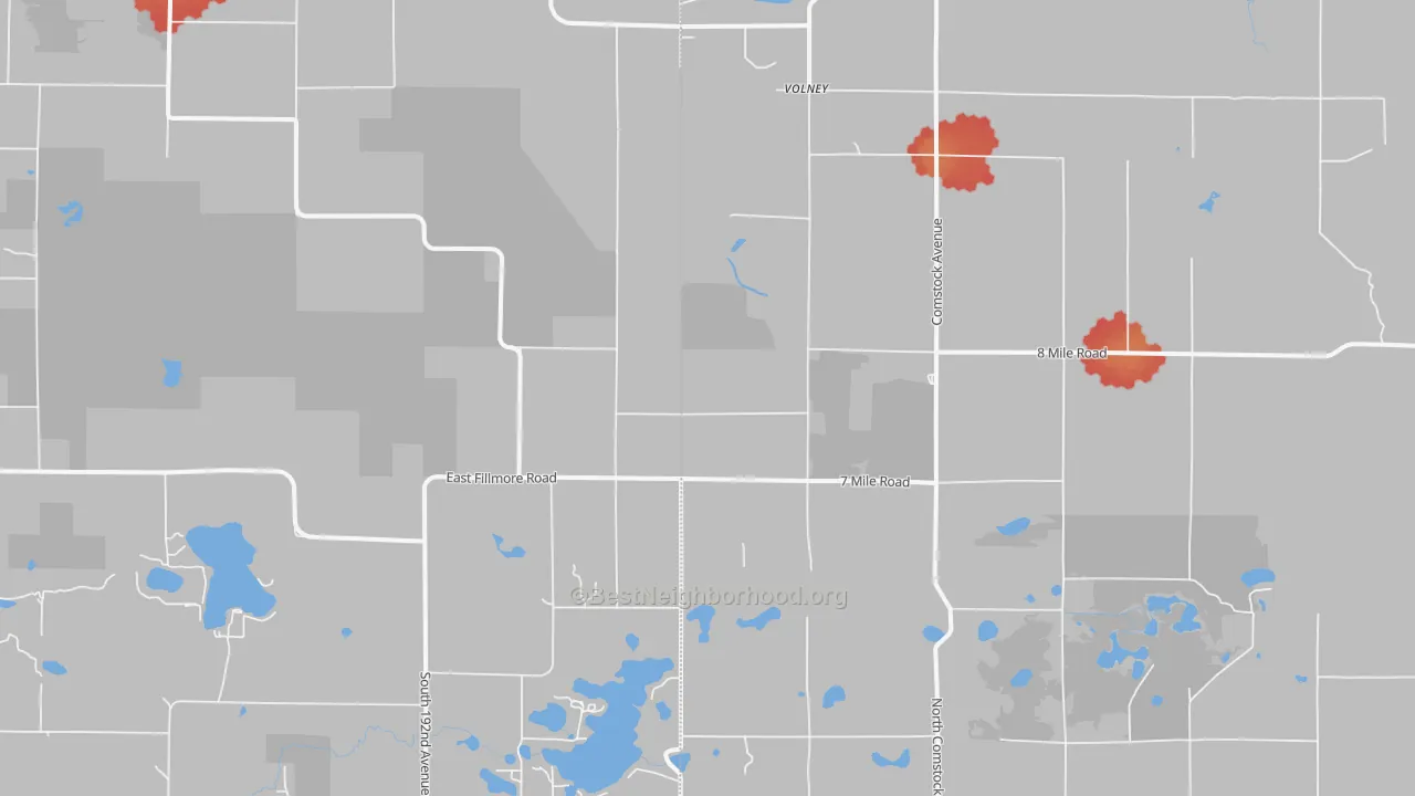 Walk Grade map of Volney, MI, walkable areas in green and car-dependent areas in red