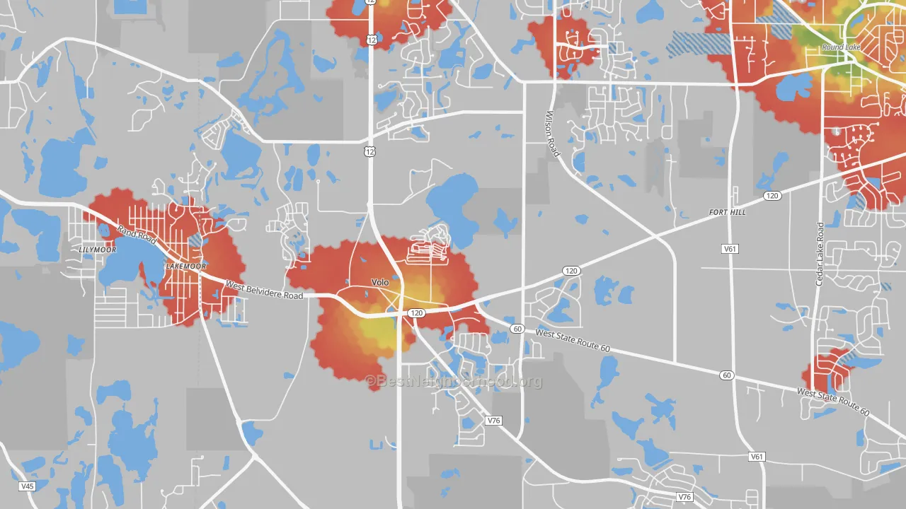 Walk Grade map of Volo, IL, walkable areas in green and car-dependent areas in red