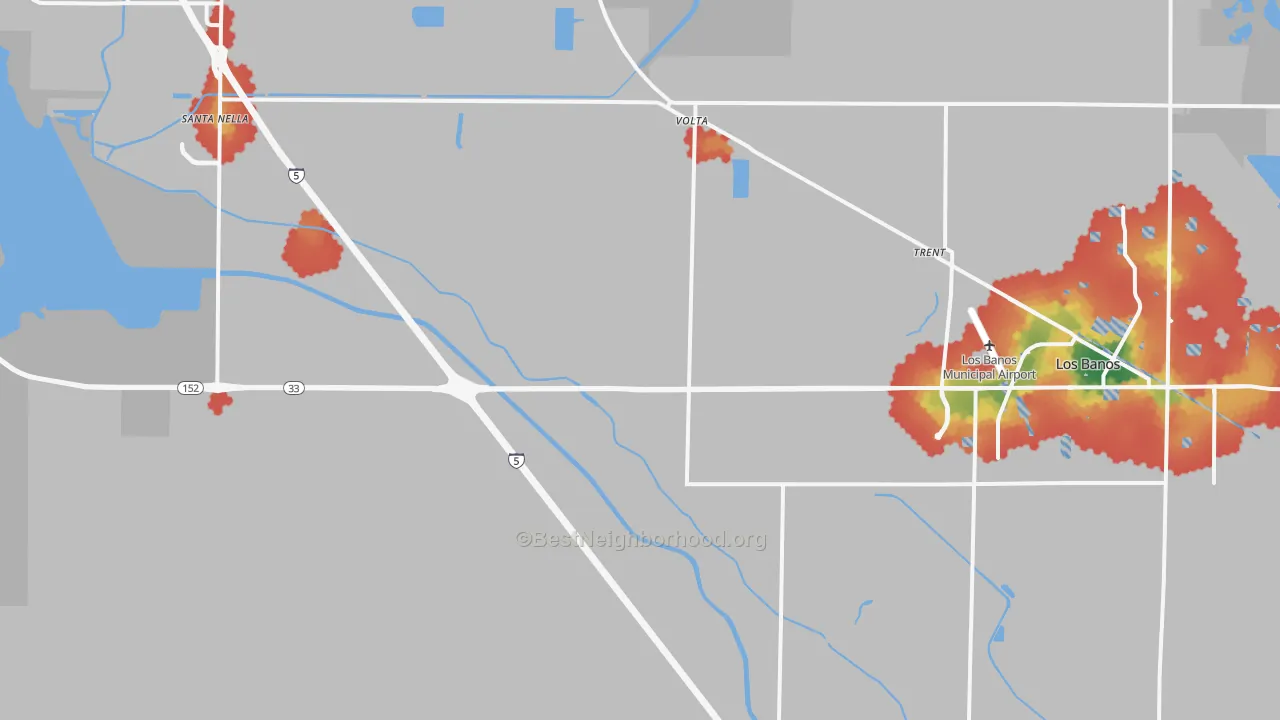 Walk Grade map of Volta, CA, walkable areas in green and car-dependent areas in red
