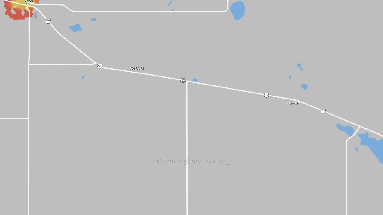 Walk Grade map of Voltaire, ND, walkable areas in green and car-dependent areas in red