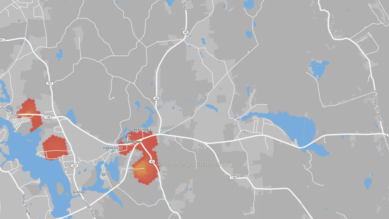 Walk Grade map of Voluntown, CT, walkable areas in green and car-dependent areas in red