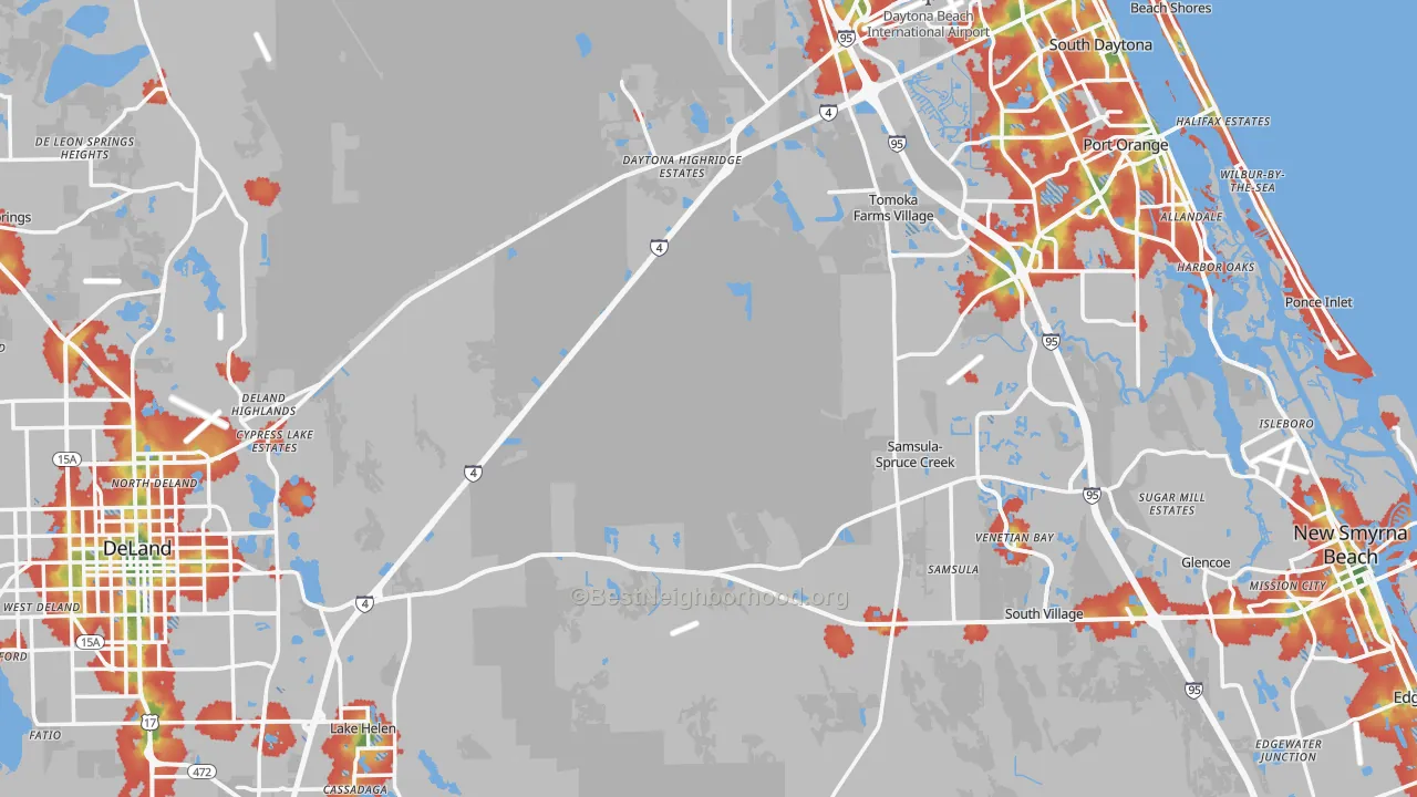 Walk Grade map of Volusia County, FL, walkable areas in green and car-dependent areas in red