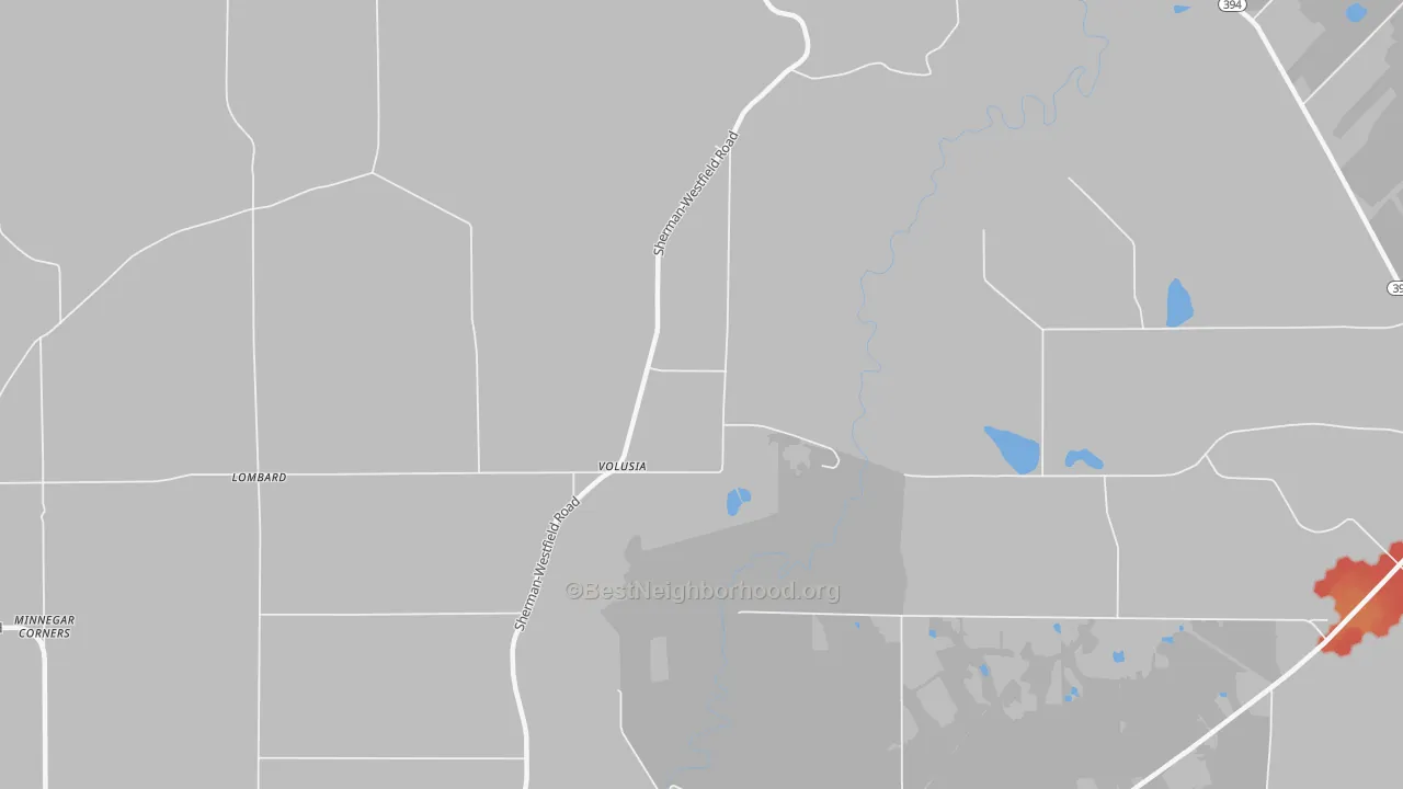 Walk Grade map of Volusia, NY, walkable areas in green and car-dependent areas in red