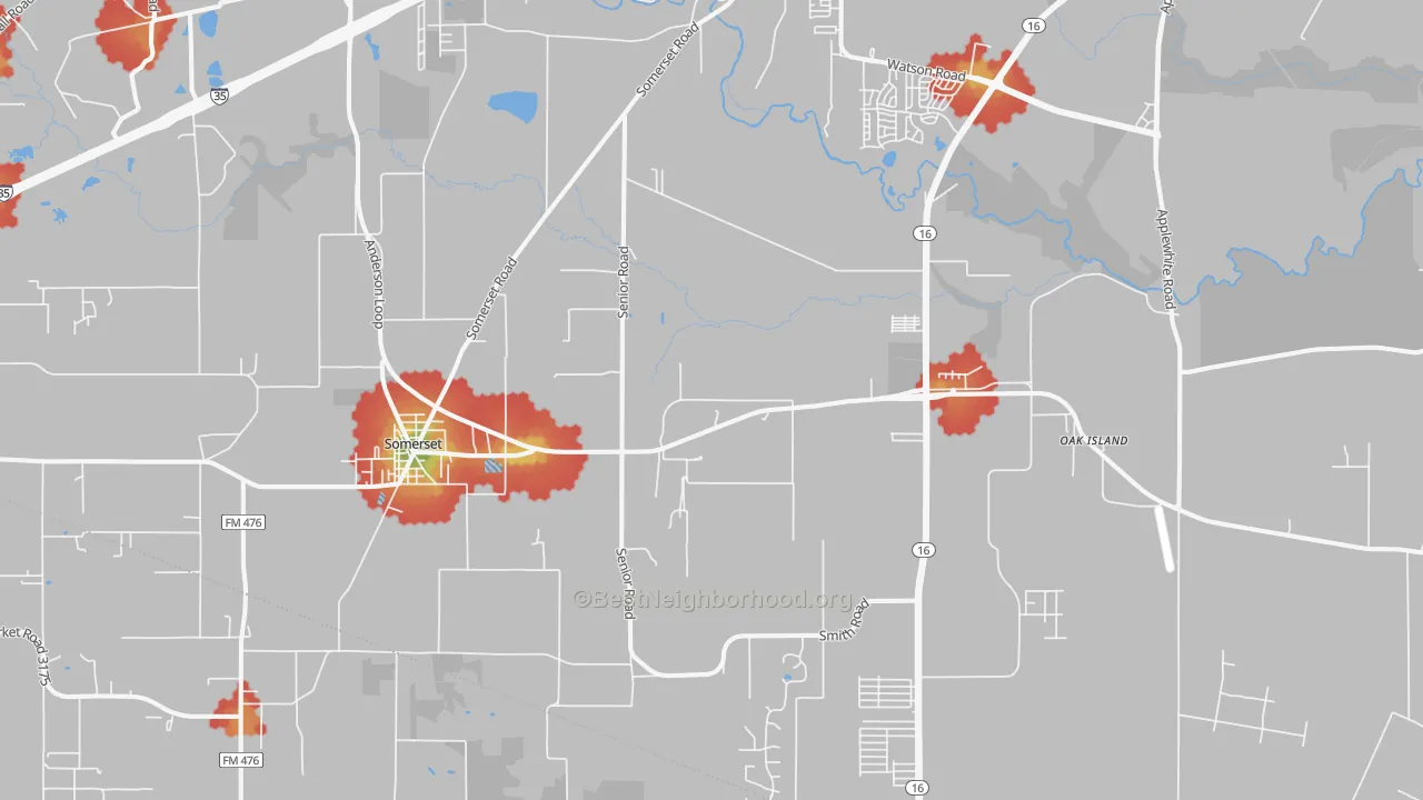 Walk Grade map of Von Ormy, TX, walkable areas in green and car-dependent areas in red