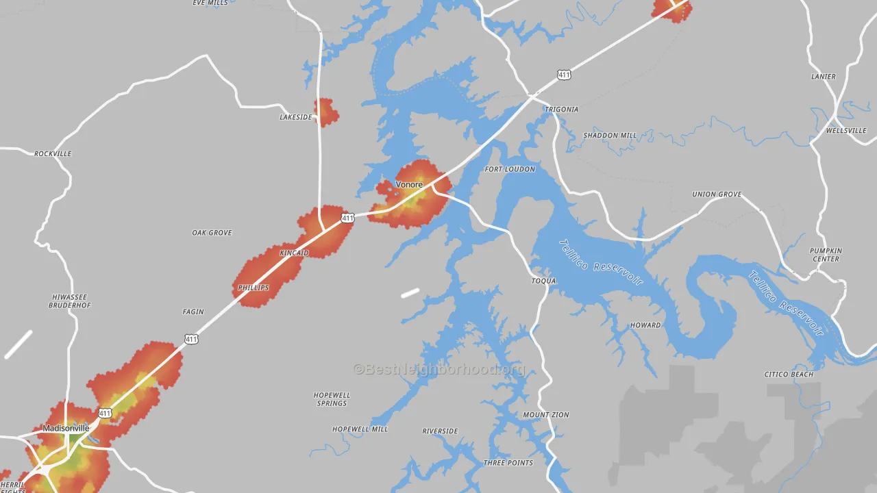 Walk Grade map of Vonore, TN, walkable areas in green and car-dependent areas in red