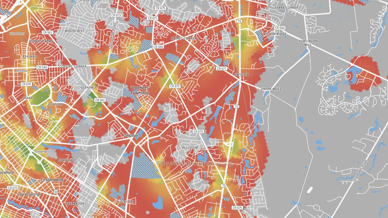 Walk Grade map of Voorhees, NJ, walkable areas in green and car-dependent areas in red