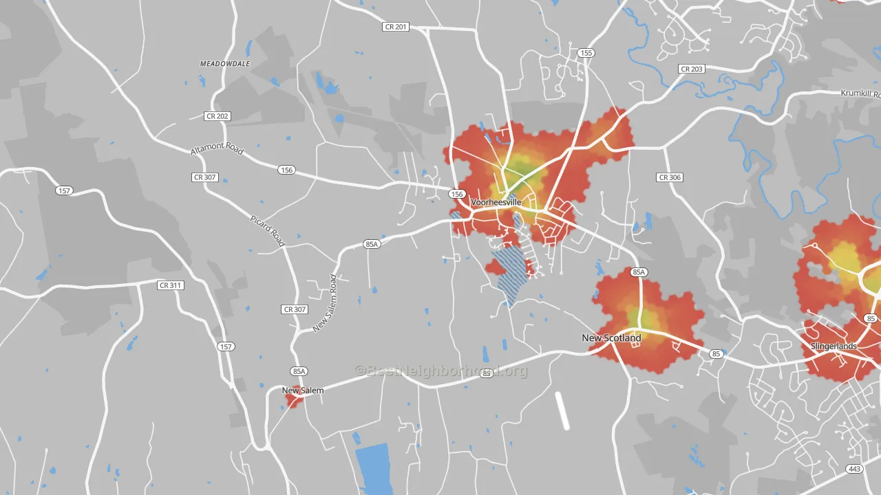 Walk Grade map of Voorheesville, NY, walkable areas in green and car-dependent areas in red