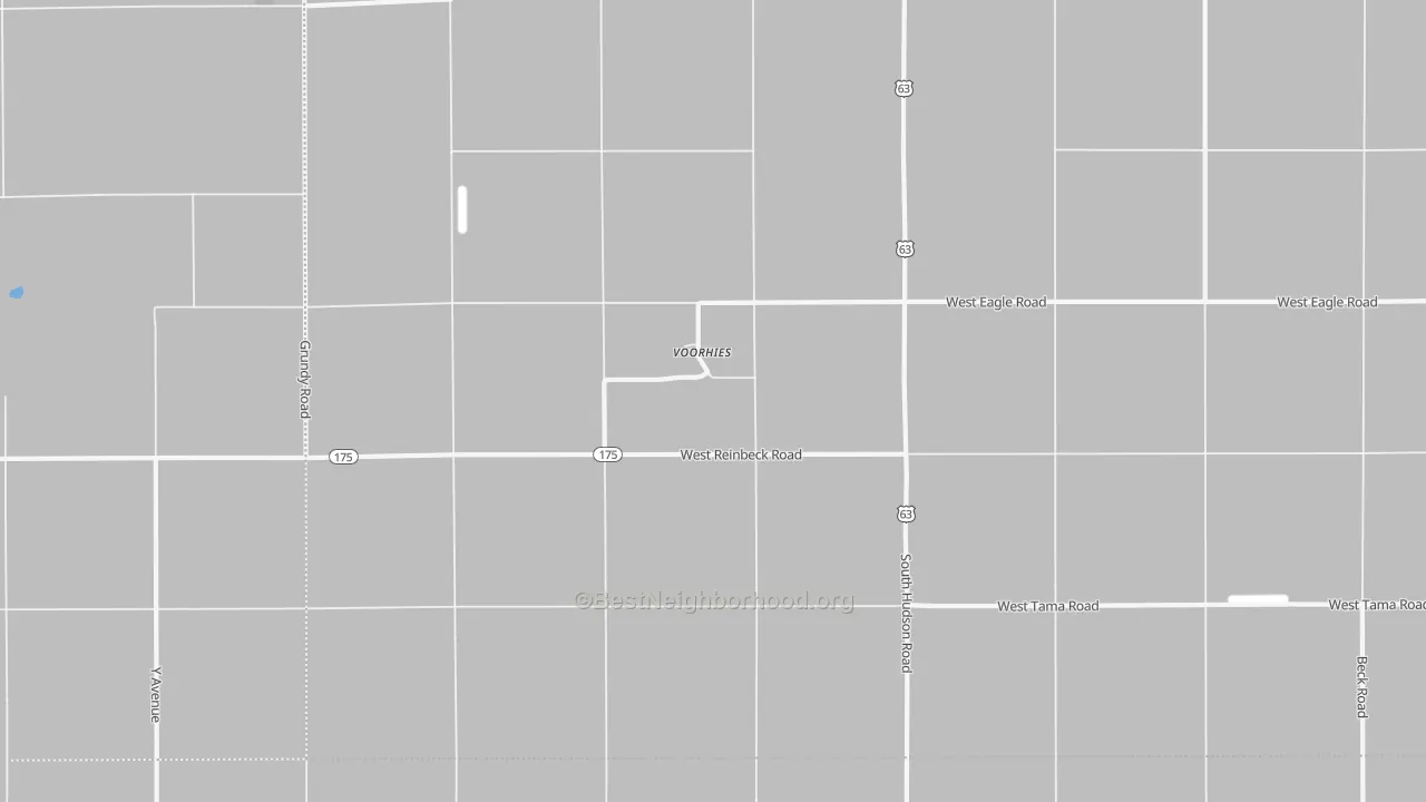 Walk Grade map of Voorhies, IA, walkable areas in green and car-dependent areas in red