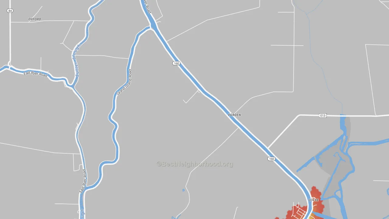 Walk Grade map of Vorden, CA, walkable areas in green and car-dependent areas in red