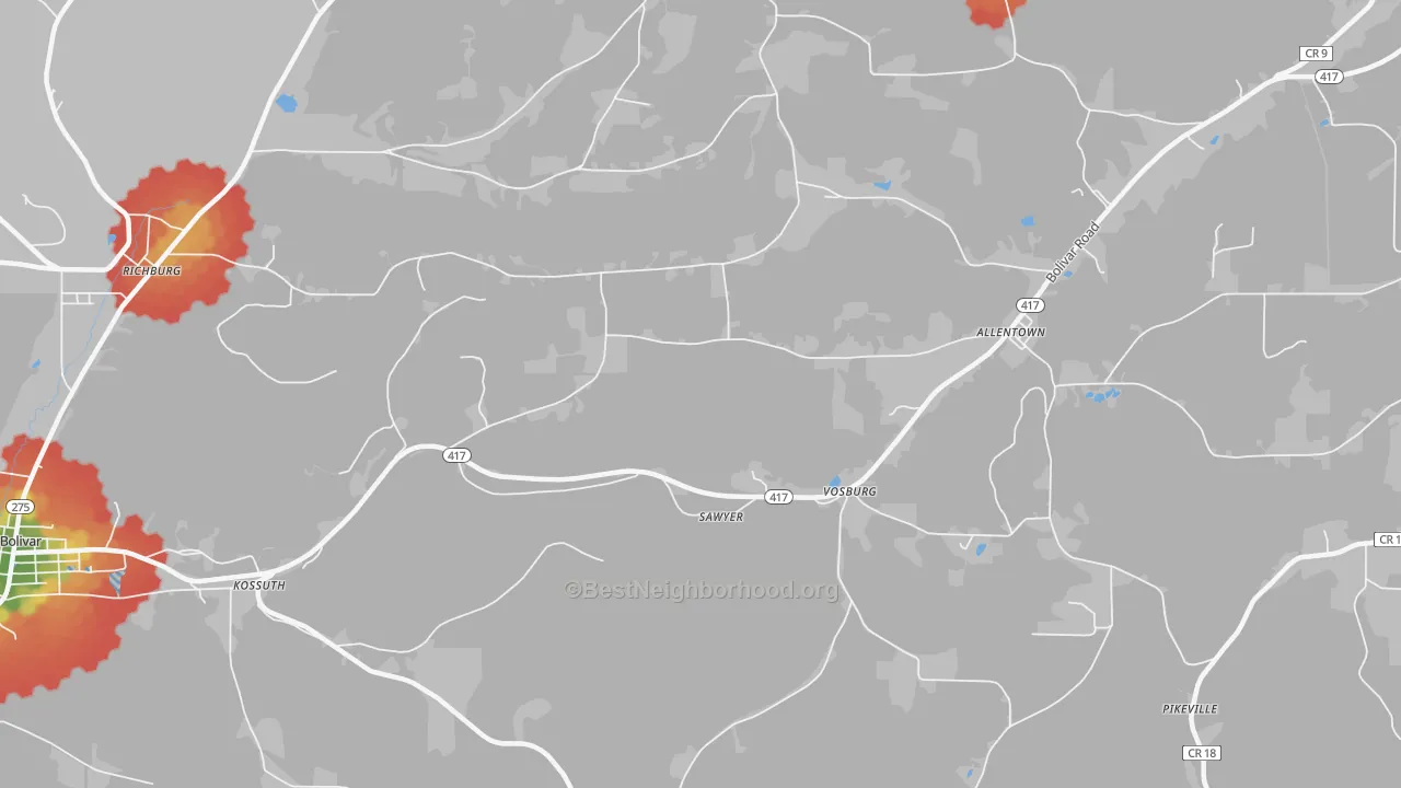 Walk Grade map of Vosburg, NY, walkable areas in green and car-dependent areas in red