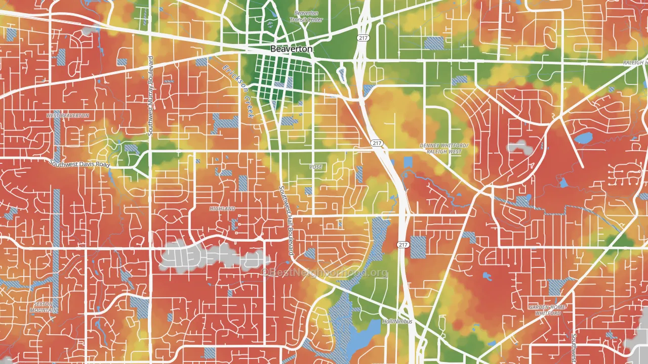Walk Grade map of Vose, Beaverton, OR, walkable areas in green and car-dependent areas in red
