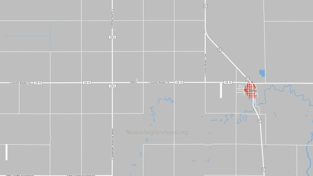 Walk Grade map of Voss, ND, walkable areas in green and car-dependent areas in red