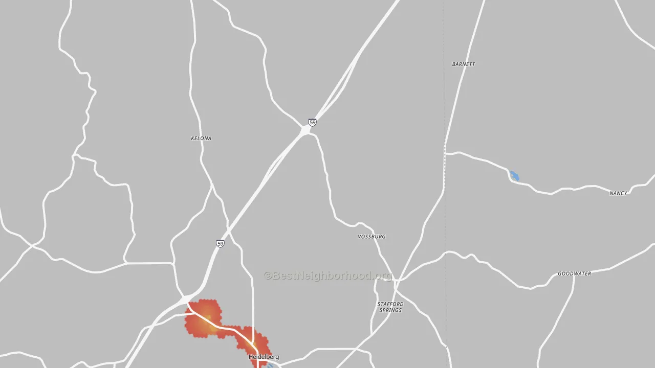 Walk Grade map of Vossburg, MS, walkable areas in green and car-dependent areas in red