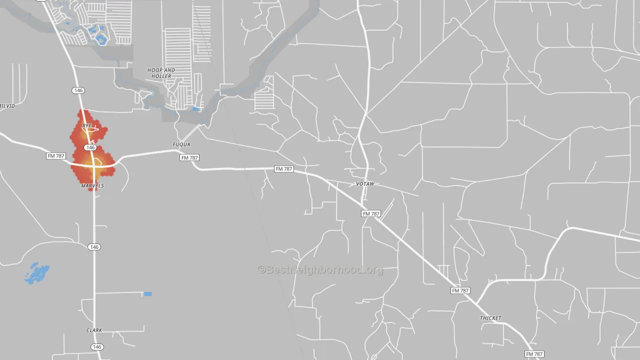 Walk Grade map of Votaw, TX, walkable areas in green and car-dependent areas in red