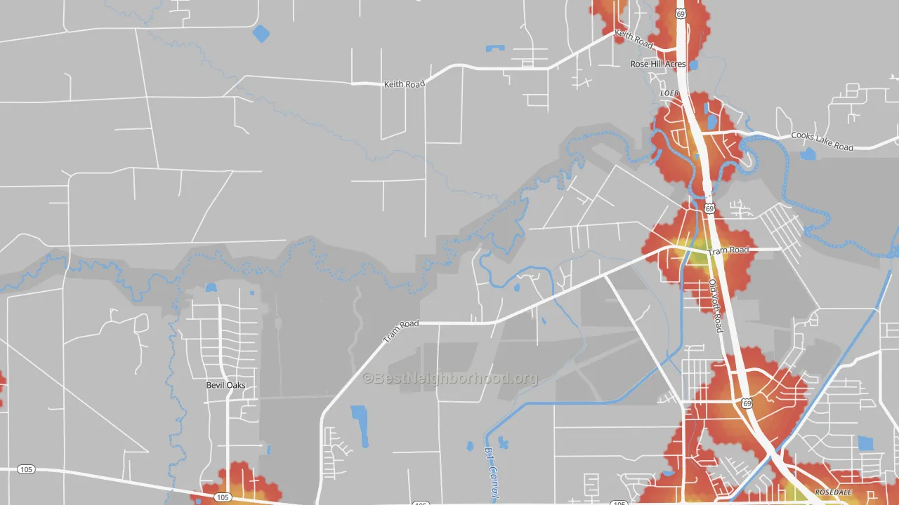 Walk Grade map of Voth, TX, walkable areas in green and car-dependent areas in red