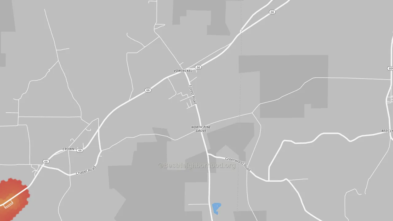 Walk Grade map of Vowinckel, PA, walkable areas in green and car-dependent areas in red