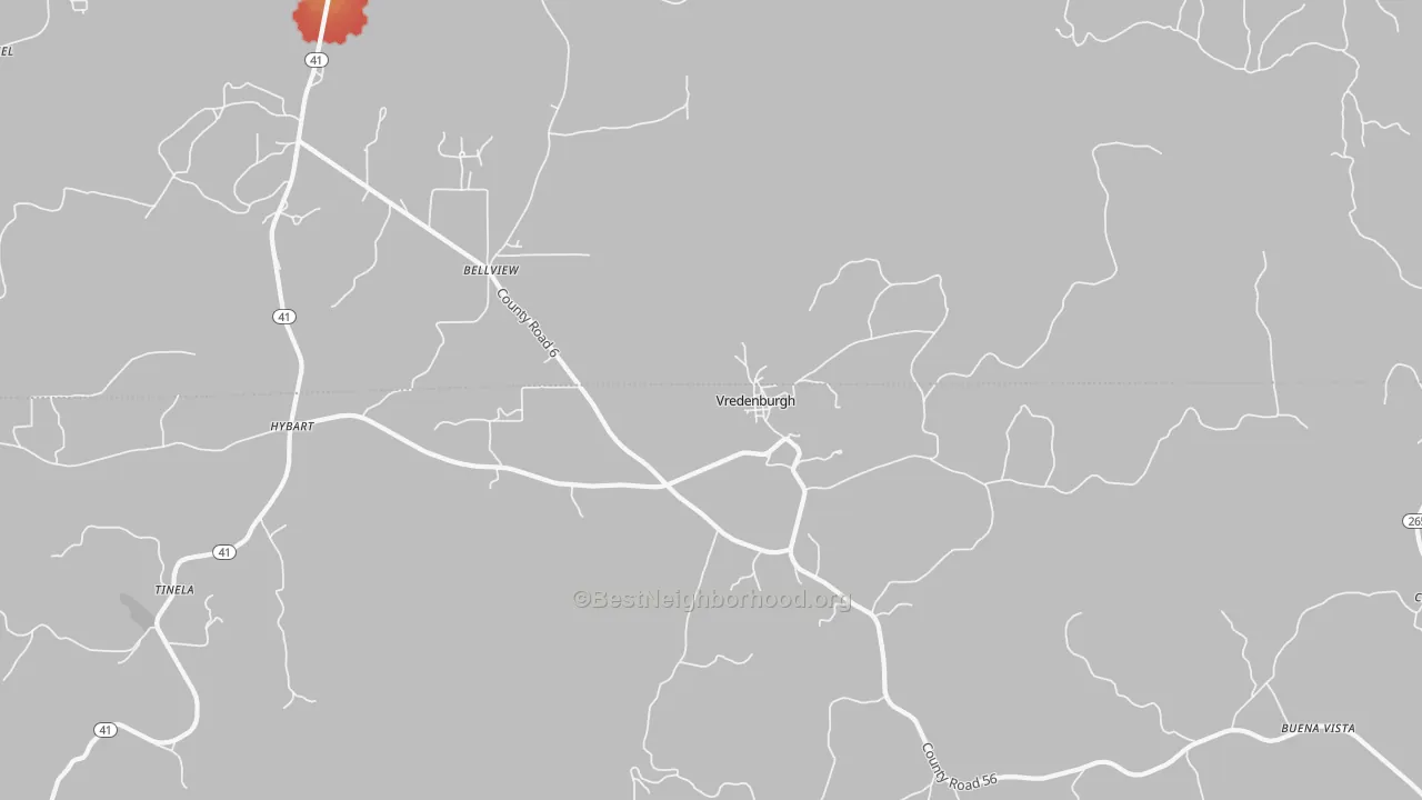 Walk Grade map of Vredenburgh, AL, walkable areas in green and car-dependent areas in red