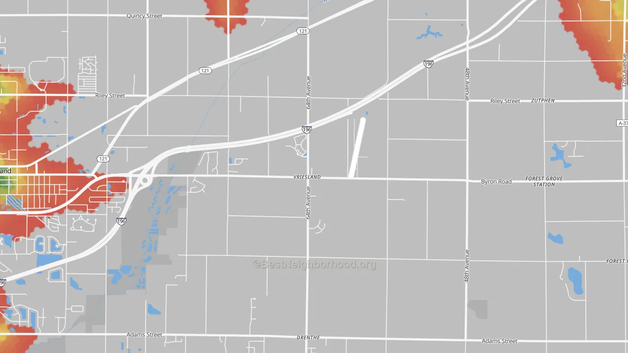 Walk Grade map of Vriesland, MI, walkable areas in green and car-dependent areas in red