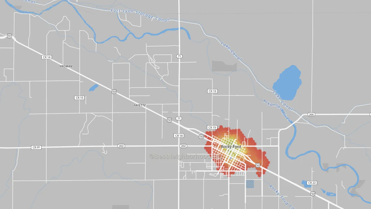 Walk Grade map of Vroman, CO, walkable areas in green and car-dependent areas in red