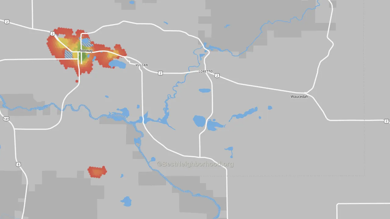Walk Grade map of Vulcan, MI, walkable areas in green and car-dependent areas in red