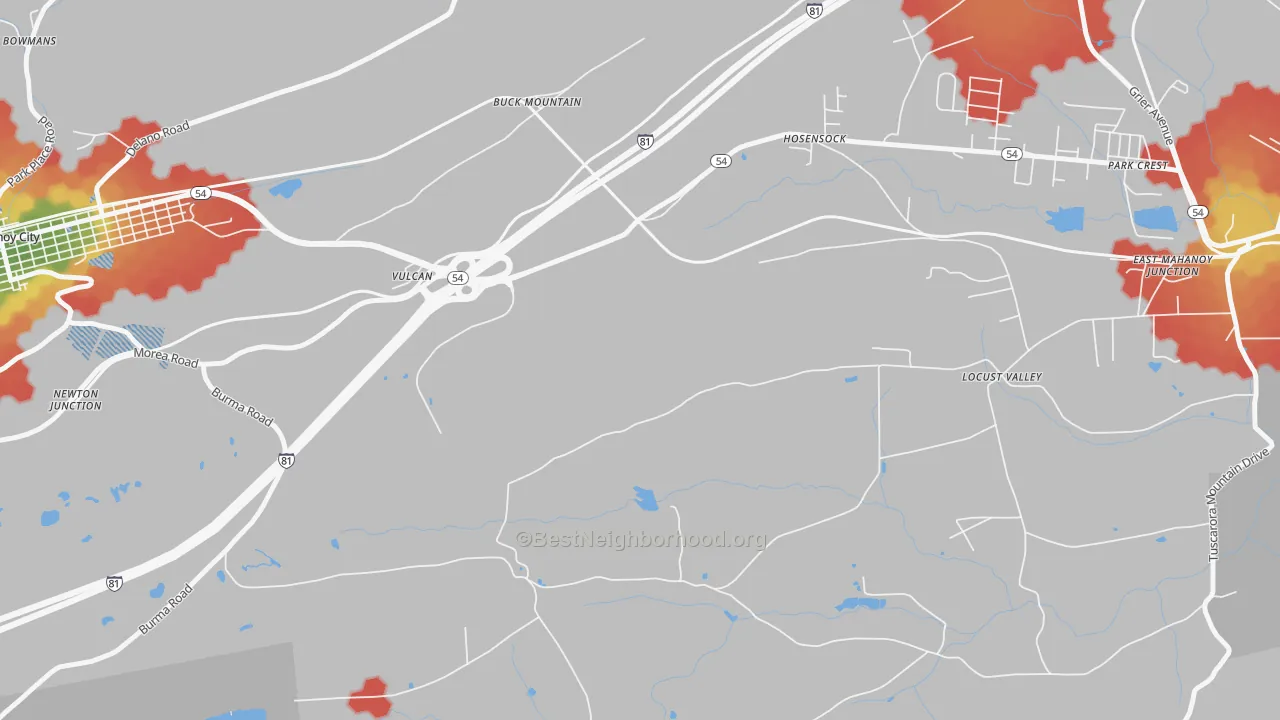 Walk Grade map of Vulcan, PA, walkable areas in green and car-dependent areas in red