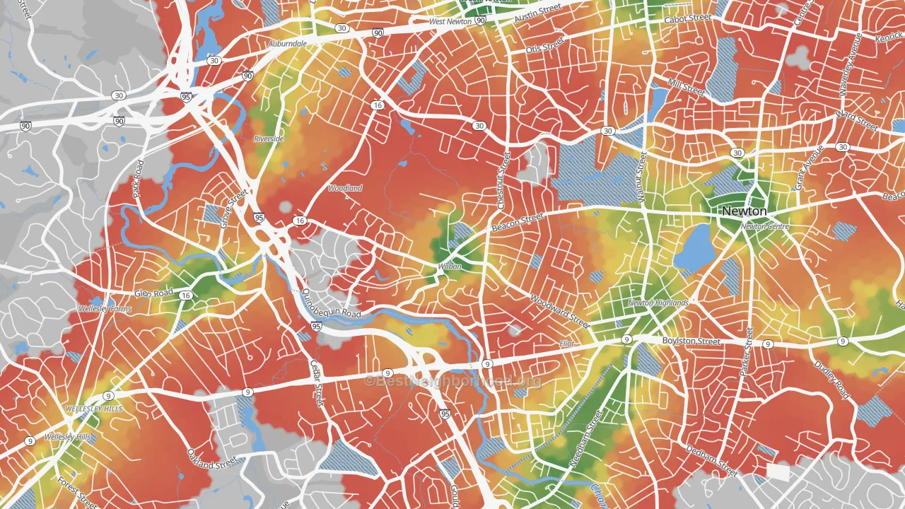 Walk Grade map of Waban, MA, walkable areas in green and car-dependent areas in red