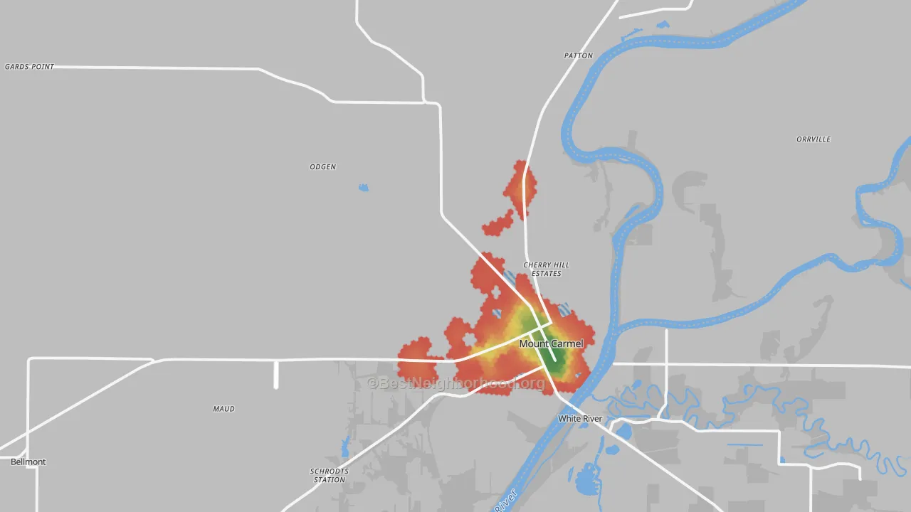 Walk Grade map of Wabash County, IL, walkable areas in green and car-dependent areas in red