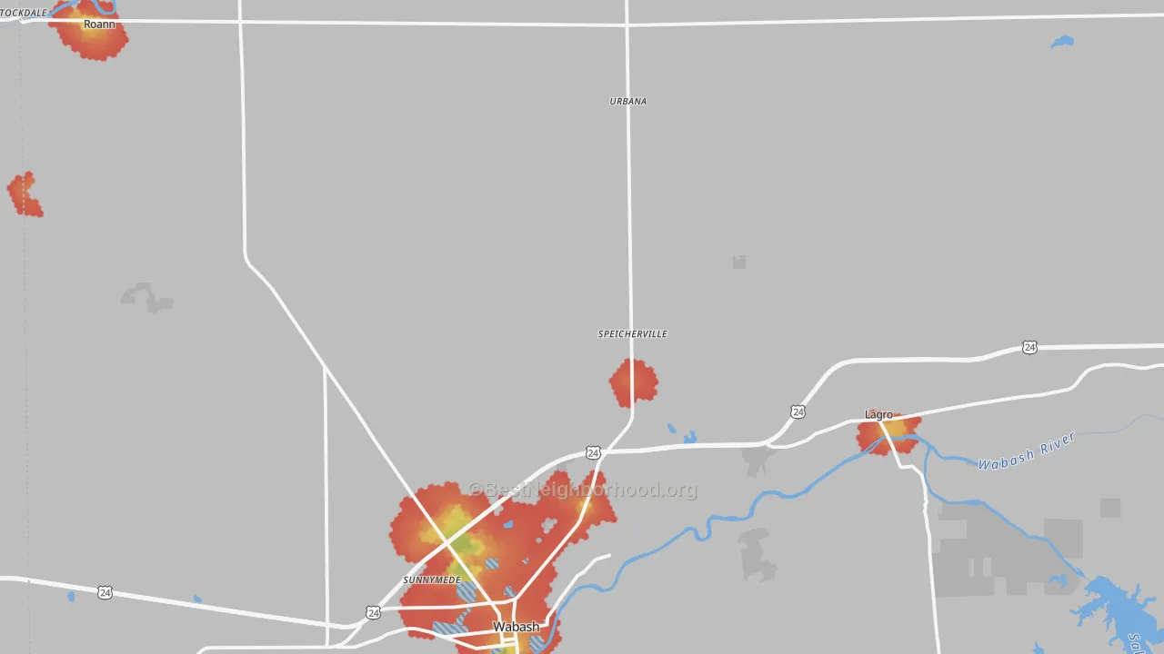 Walk Grade map of Wabash County, IN, walkable areas in green and car-dependent areas in red