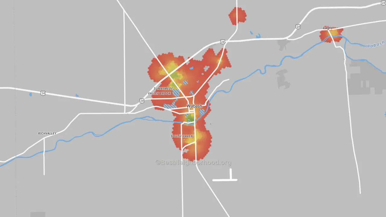 Walk Grade map of Wabash, IN, walkable areas in green and car-dependent areas in red