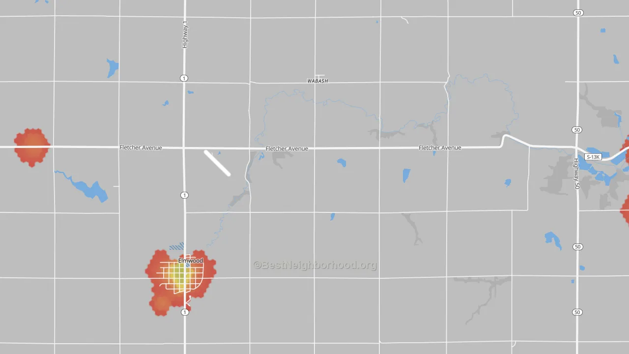 Walk Grade map of Wabash, NE, walkable areas in green and car-dependent areas in red