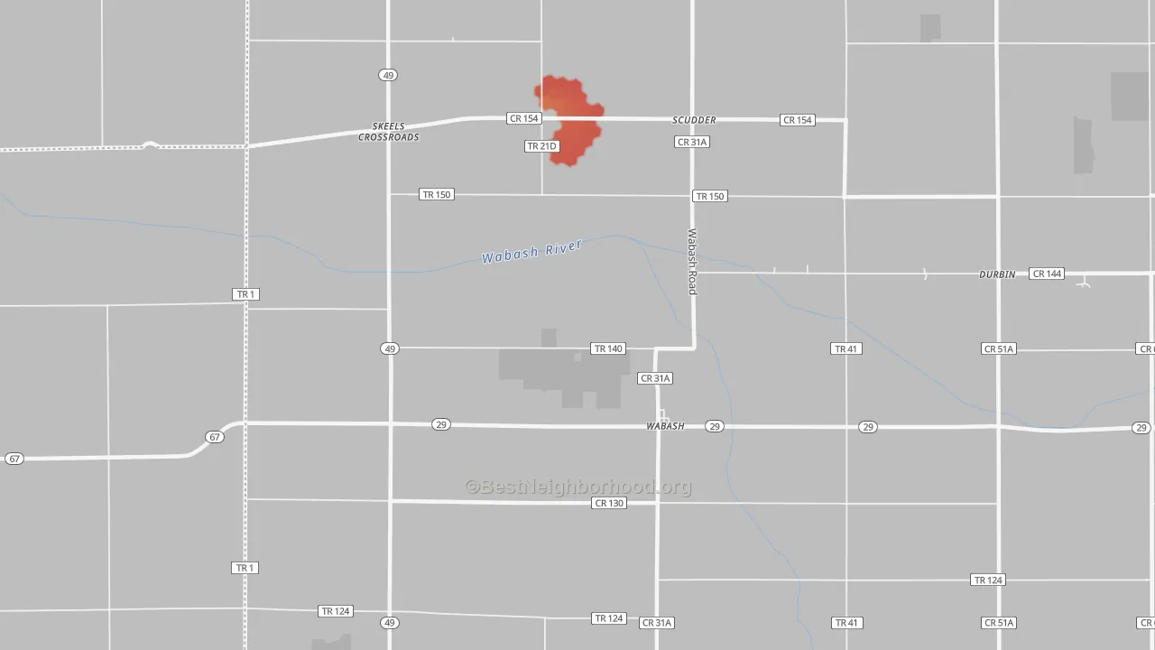Walk Grade map of Wabash, OH, walkable areas in green and car-dependent areas in red