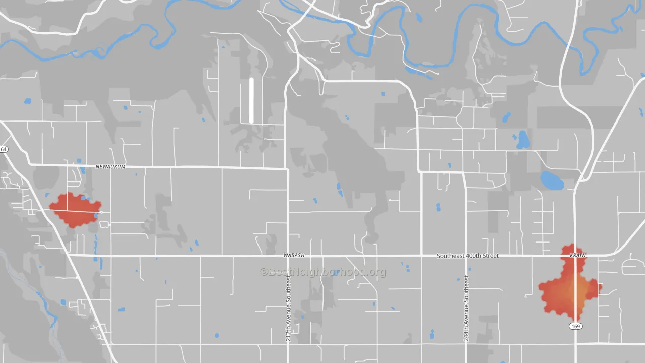 Walk Grade map of Wabash, WA, walkable areas in green and car-dependent areas in red