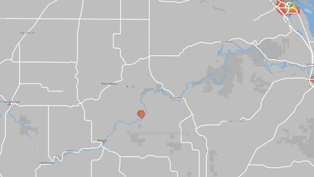Walk Grade map of Wabasha County, MN, walkable areas in green and car-dependent areas in red