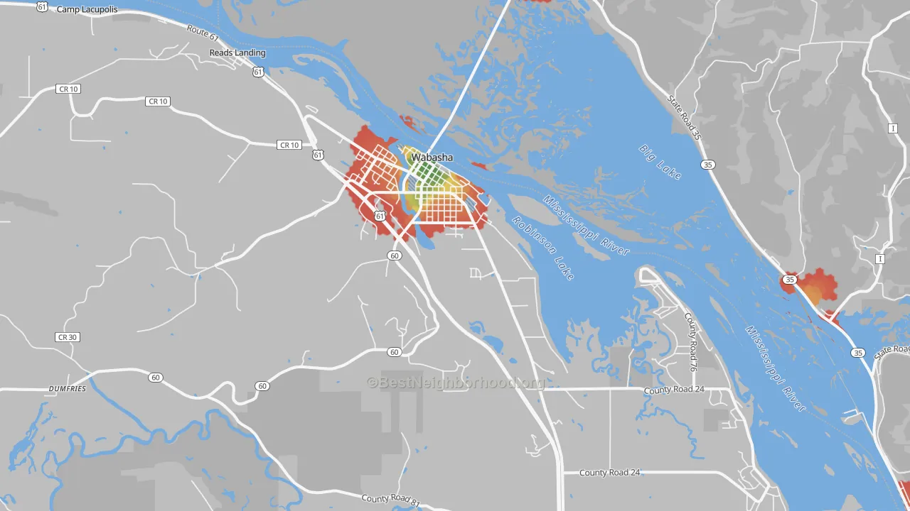 Walk Grade map of Wabasha, MN, walkable areas in green and car-dependent areas in red