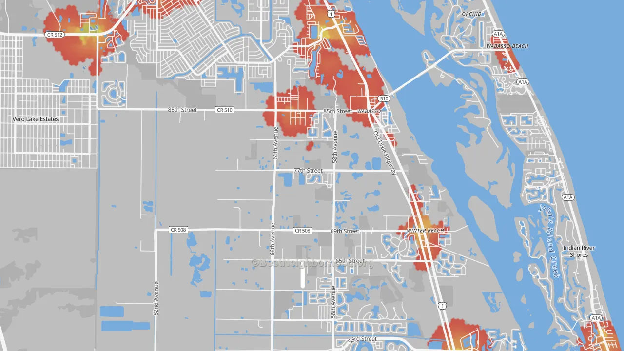 Walk Grade map of Wabasso, FL, walkable areas in green and car-dependent areas in red