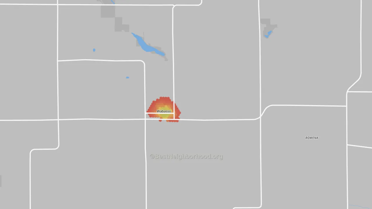 Walk Grade map of Wabasso, MN, walkable areas in green and car-dependent areas in red