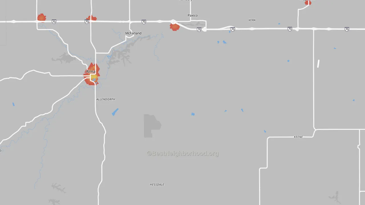 Walk Grade map of Wabaunsee County, KS, walkable areas in green and car-dependent areas in red