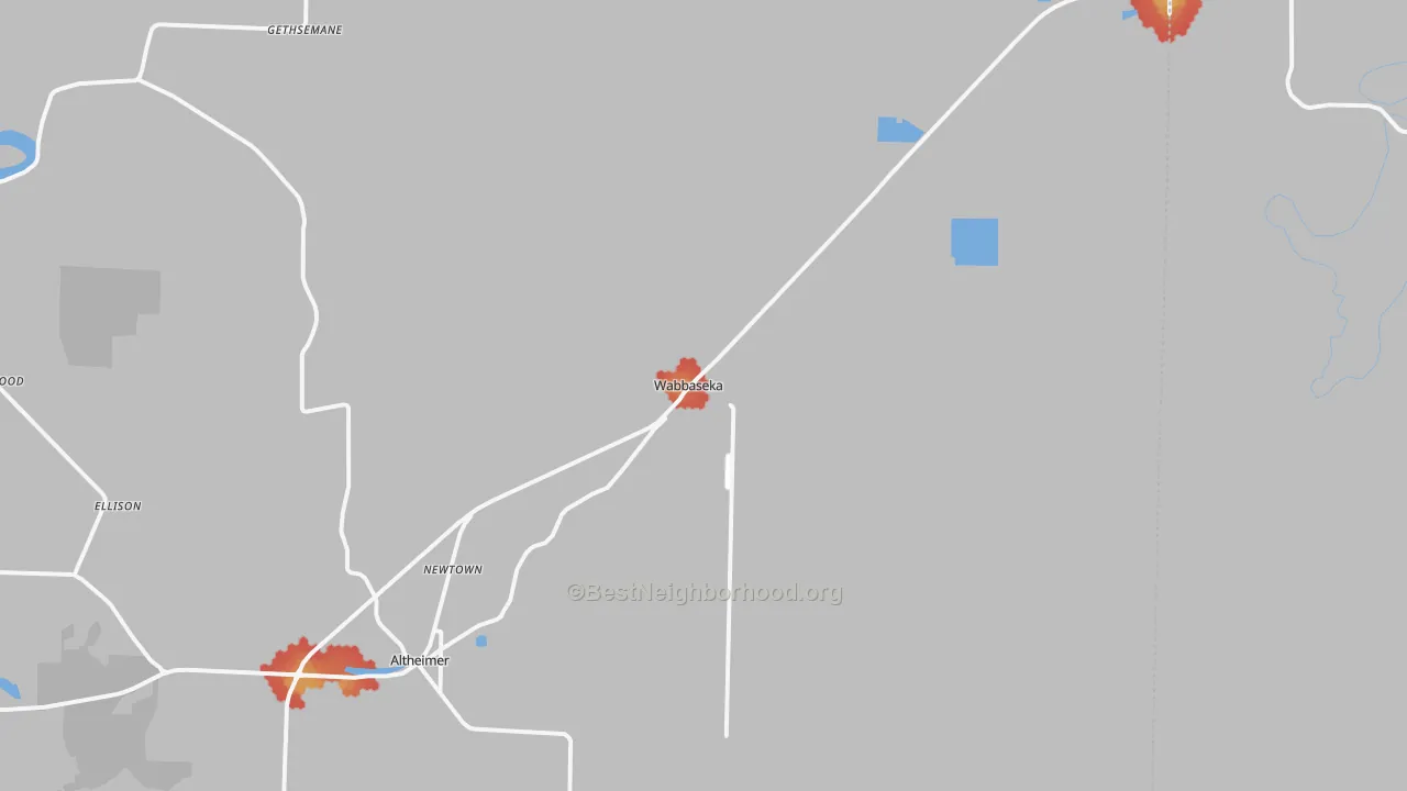 Walk Grade map of Wabbaseka, AR, walkable areas in green and car-dependent areas in red
