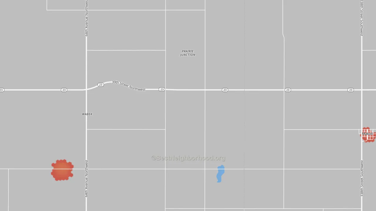 Walk Grade map of Wabek, ND, walkable areas in green and car-dependent areas in red