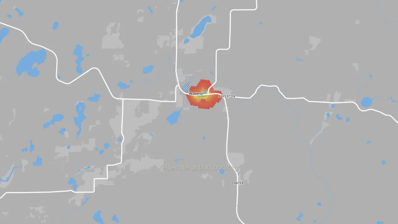 Walk Grade map of Wabeno, WI, walkable areas in green and car-dependent areas in red