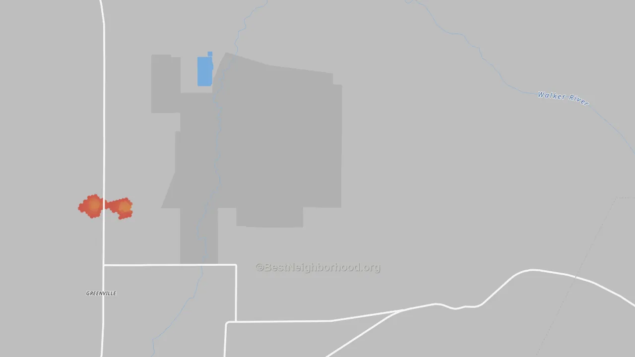 Walk Grade map of Wabuska, NV, walkable areas in green and car-dependent areas in red
